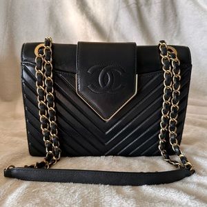 Chanel Shiny Sheepskin Chevron Quilted Mini Collar and Tie Flap Black